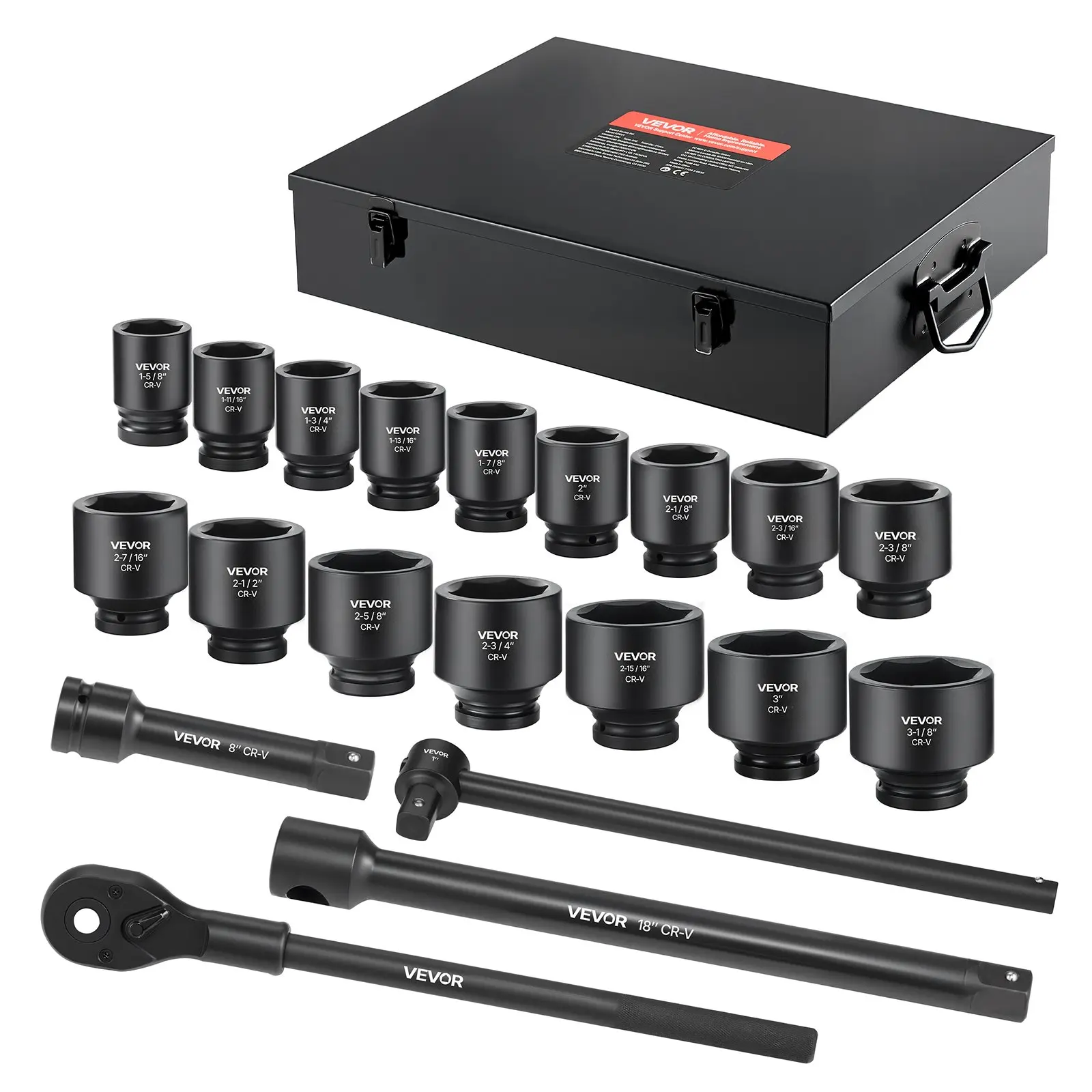 VEVOR 1-Inch Drive Impact Socket Set TZ1021, 21-Pieces 6-Point Shallow SAE Sockets (1-5/8 in to 3-1/8 in), Heat-Treated Cr-V Steel, Laser Marking, High-Impact Torque, 8/18 in Extension Bars, 24 in Ratchet Wrench, Carrying Case for DIY Users, Car Owners