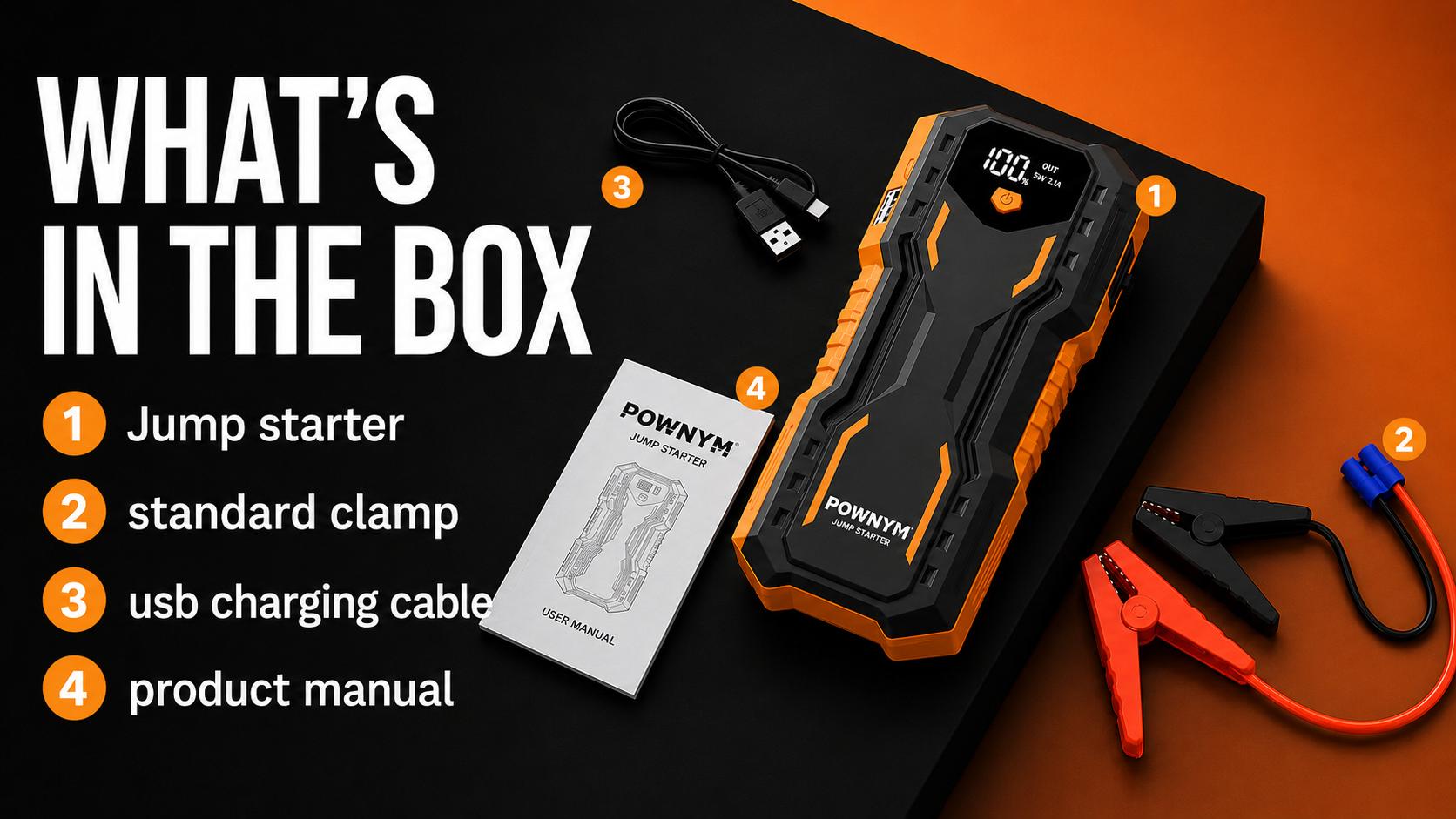 POWNYM 6000A current peak Battery Jump Starter ,6000mAh battery Charger, 12V Emergency Jump Starter for Car, SUVs , with Power Management IC Power Indicator Built-in LCD Display , LED Flashlight