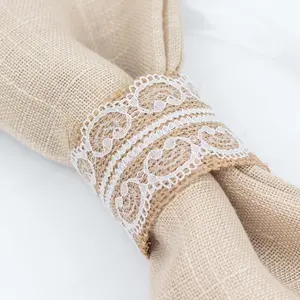 6 Pack Rustic Farmhouse Style Jute and Lace Napkin Rings, Boho Chic Burlap Serviette Buckles Holder