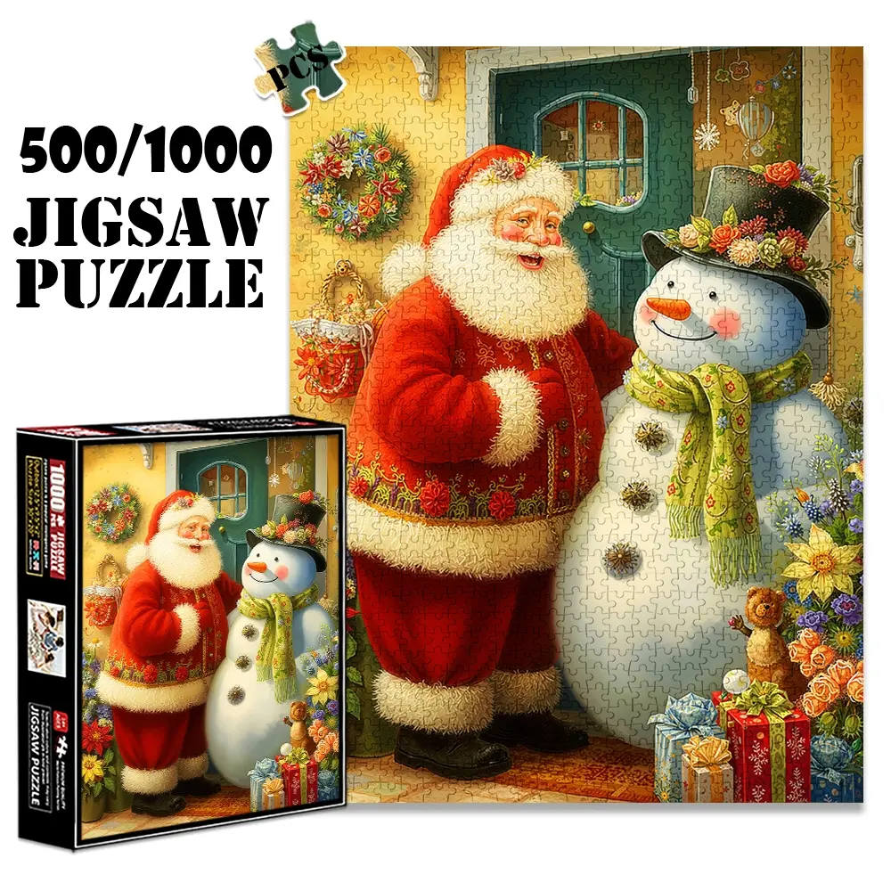 1pc 1000 piece adult puzzle 70x50cm Santa Claus and Snowman with Floral Decor and Gifts 500 pieces of paper jigsaw puzzle, suitable for adults and families, large-scale DIY puzzle interactive toy