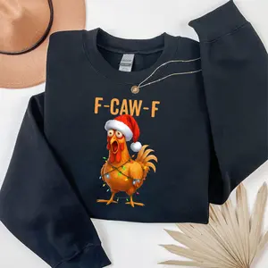 Chicken Christmas Sweatshirt | F-CAW-F Rooster Sweatshirt in Santa Hat and Holiday Lights | Funny Farm Animal Gift