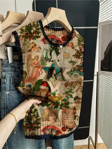 Spring and Summer Back-to-School Casual Style Loose Crew Neck Sleeveless Knitted Top, Navy Blue Contrast Trim, Baroque Print, Women's Knit Top, Women's Outdoor Top, Can Be Worn Alone or with a Vest