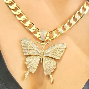ViOrO 14K Gold Plated 10mm Cuban Link Chain with Butterfly Pendant for Dairy Use. Electro Laminated Premium Jewelry