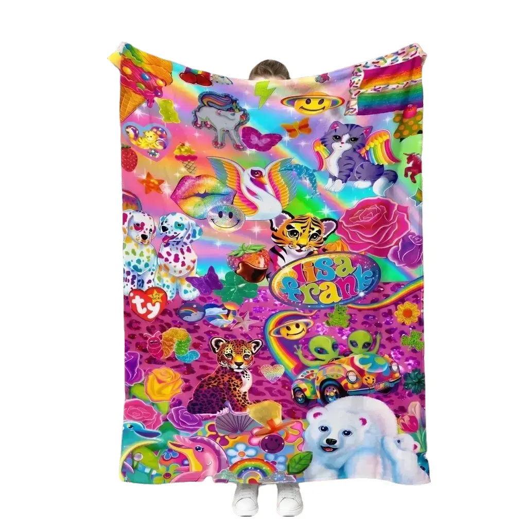 Lisa Frank Collage Character Blanket, Vibrant Flannel Throw with Unicorns, Winged Cats, Tigers and Aliens in Neon Rainbow 90s Style for Bedrooms and Lounges, Cover for Creative Breaks, After-School Rest and Nostalgic Decor