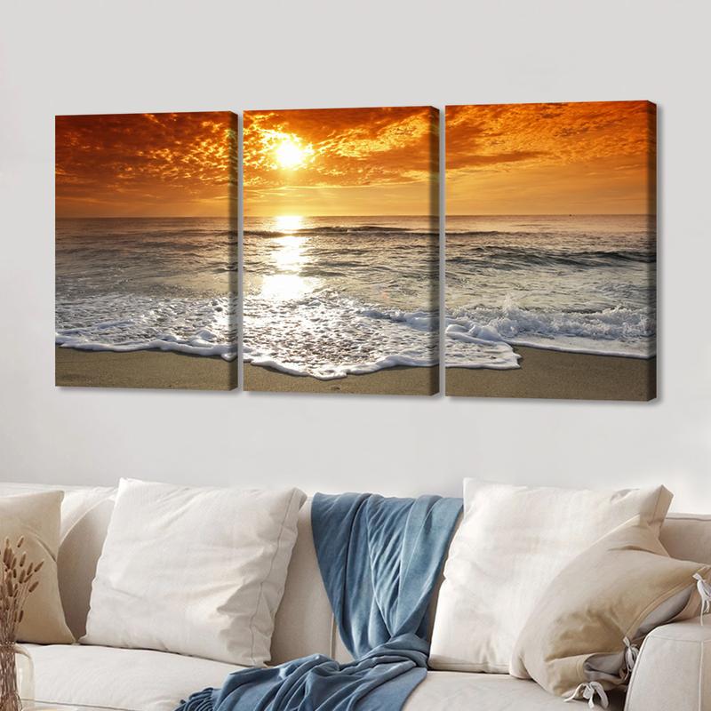 3Pcs Wooden Framed Canvas Painting, Ocean Sunset Beach Waves Scene, Exquisite Poster, Home Decoration, Pattern Wall Art Decor, For Living Room, Bedroom, Office, Restaurant, Bar Wall Decor, Odorless, Painting, Print Artwork.