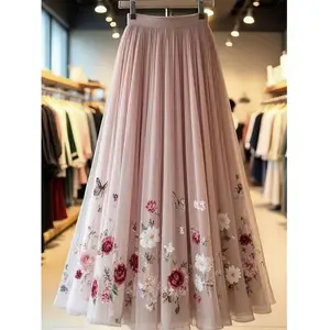 Elegant rose-print mesh skirt, long floral-pattern dress, women’s fashionable clothing, perfect for parties and special occasions GARMENTARY