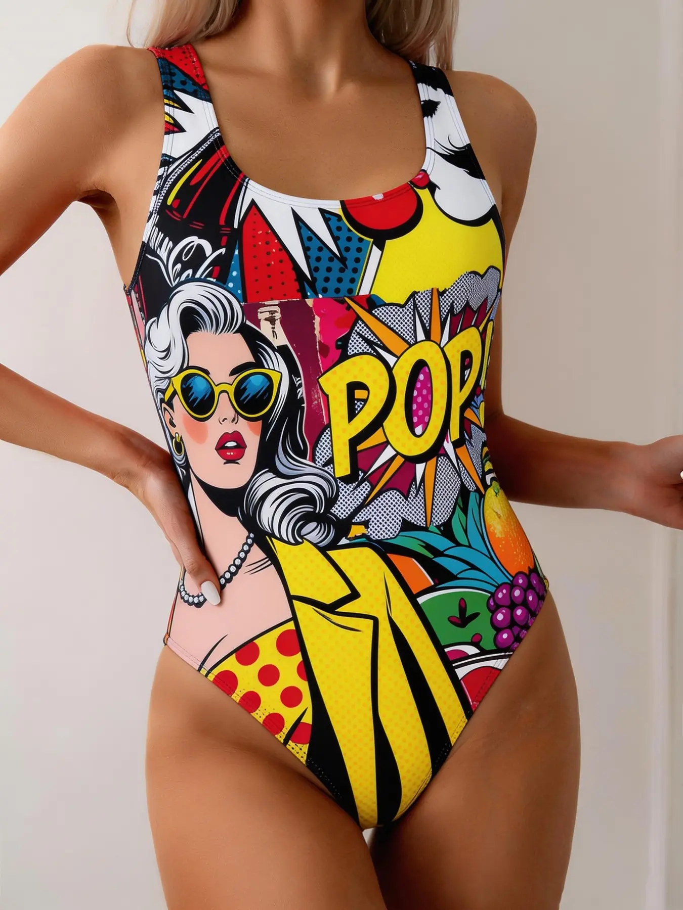 Sexy One-Piece Cartoon Graffiti Print Fashion Beach Swimwear, Slim-Fitting Chic Swimsuit for Summer, Cute Style Bathing Suit, Swimming Bathing Suit