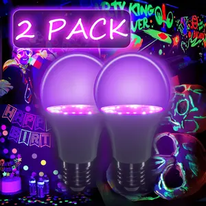 LED Black Light Bulb, 60 Watt Equivalent，A19 UV Light Bulb UVA Level 385-400nm, E26 Blacklight for Body Paint, Party, Halloween, Fluorescent Poster, 2 Pack