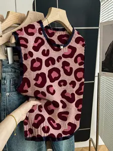 Women's Loose-Fitting Round Neck Sleeveless Knit Top, Deep Blue Edge Colorblock Leopard Print, Fall & Winter Casual Outerwear, Colorblock Print Cami