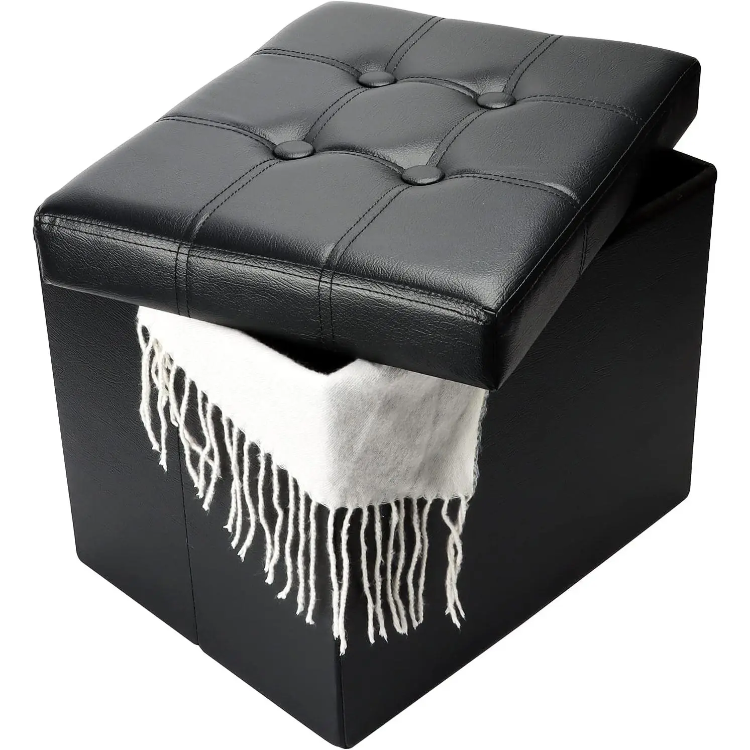 Storage Ottoman, Folding Foot Stool with Thicker  Padded Seat Small Leather Storage Ottoman Bench Foot Rest for Living Room Foldable Coffee Table 17x13x13in,Black