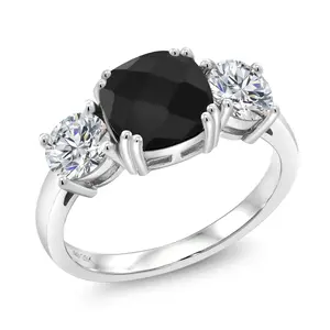 Gem Stone King 925 Sterling Silver Black Onyx and Lab Grown Diamond Engagement Ring For Women | 3.11 Cttw | Cushion Checkerboard 8MM | Gemstone December Birthstone