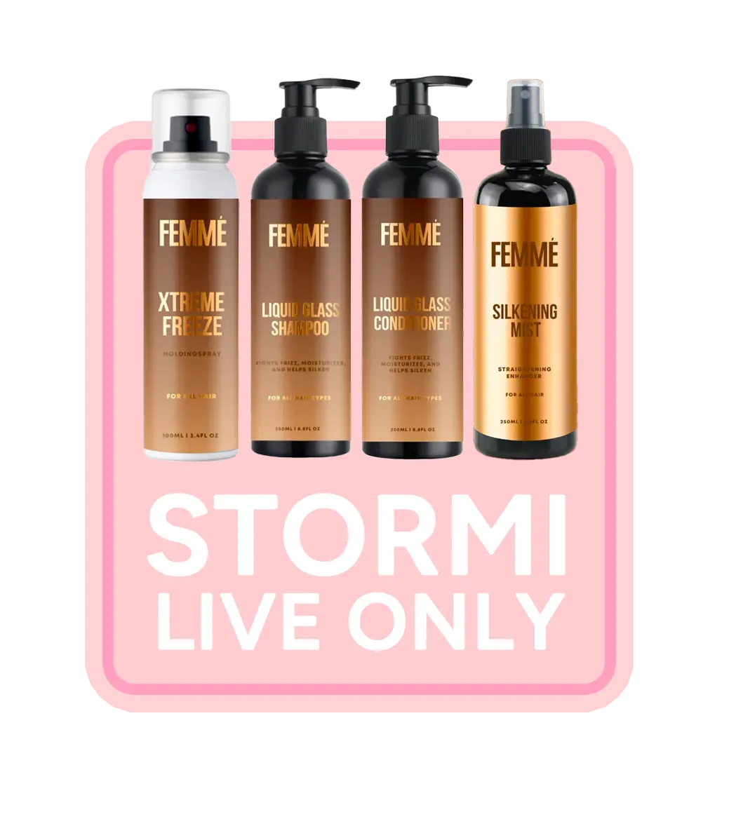 [Stormi Exclusive] Canvas X Femme Hair Care Must Haves - Femmé Hair Care Silkening Mist , FEMMÉ Liquid Glass Shampoo,  FEMMÉ Liquid Glass Conditioner, Xtreme Freeze Hold Spray