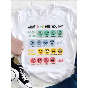 Women'S Emotional Regulation Zone Tee - Casual Round Neck T-Shirt with Mental Health Graphic, Short Sleeve, Loose Fit for Spring Summer Fall, Ladies T Shirts