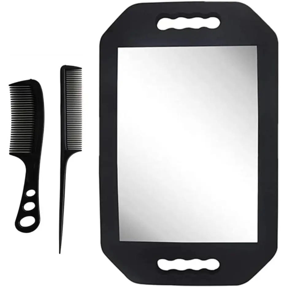 Handle Mirror - Large Hand held Mirror with Comb Set,Barber Mirrors Handheld,Salon Hand Mirrors - Barbershop Hair Salon Equipment Hairstylist and Barber Accessories