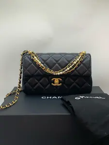 Pre-owned CHANEL CF Large Mini Flap – Black Lambskin with Gold Hardware and Pearl Chain