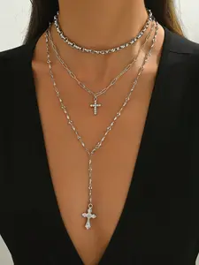 3pcs Silver Cross Pendant Necklace Set for Women – Layered Y-Style Fashion Chains with Rhinestones