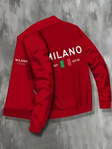 Men's Milan Pattern Zipper Cardigan Fitted Long Sleeve Jacket, Casual Layered Fashion Choice, Perfect for Fall & Winter, Versatile Style, Menswear Outerwear