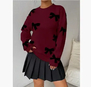 Women's Bow Print Drop Shoulder Sweater, Casual Comfortable Chic Cozy Long Sleeve Round Neck Jumper for Fall & Winter, Sweater for Women, Fashion Ladies' Knitwear for Daily Wear, Preppy 80s Clothes