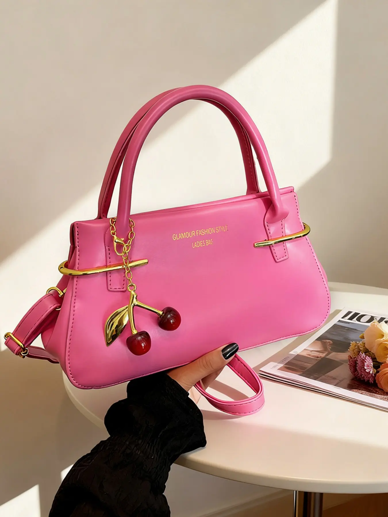Elegant Plain Color Women's Handbag, Cherry Decorative Chic Crossbody Bag, Vintage Metal Buckle, Versatile Commuter Purse, Crossbody Purses