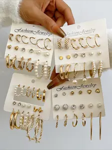 Women's Ear Jewelry Set, Butterfly Heart Rhinestone Bling Faux Pearl Beads Minimalist C Circle Earrings, Fashion Elegant Vintage Design, Trendy Jewelry, Stud Earring Jewelry