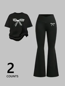 2 Piece Set for Women, Casual Short Sleeve T-Shirt and Flared Pants, Summer Relaxed Fit with Lace Bow and Butterfly Print, Chic and Sweet Style Outfit