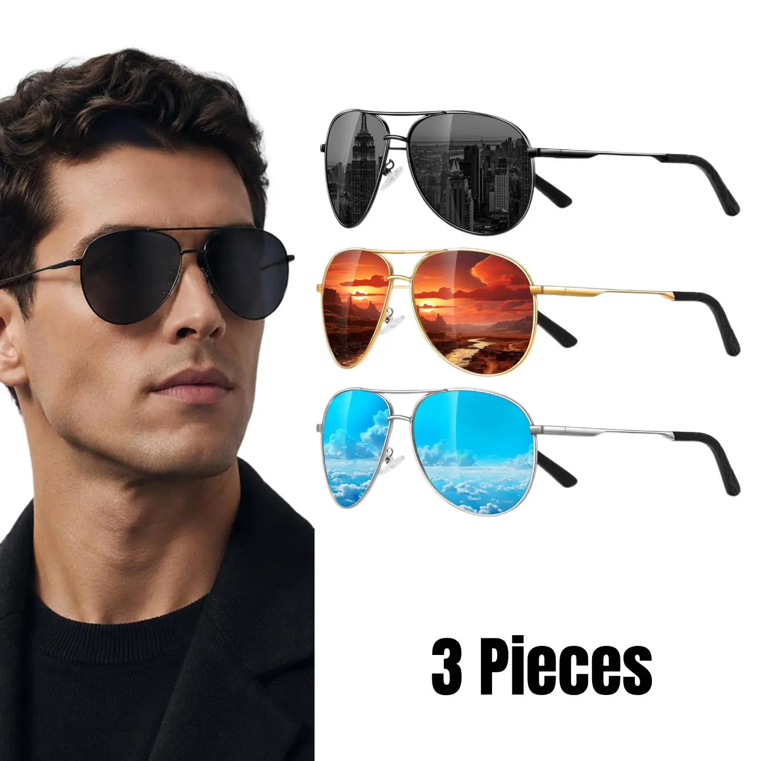 3 Packs Polarized Aviator Sunglasses for Men Women- Classic Sun Glasses for Driving Fishing with UV Protection