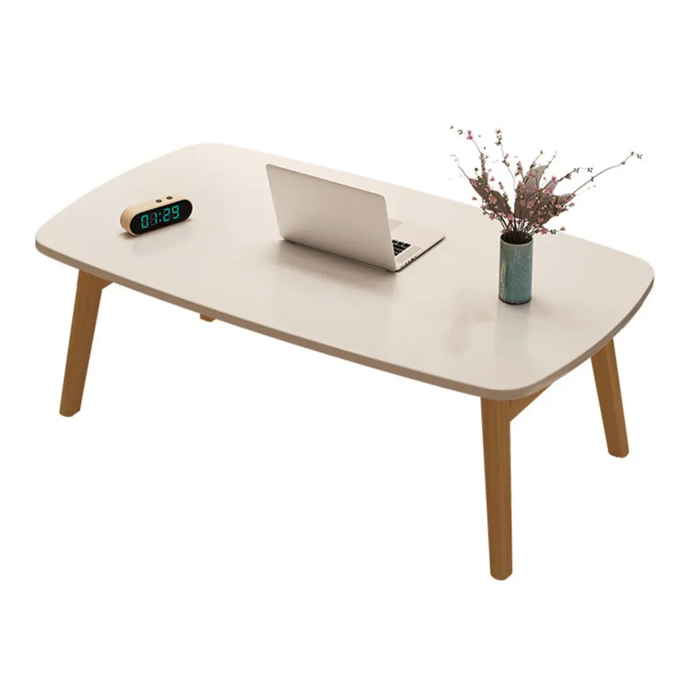 White Foldable Wooden Mini Coffee Table - 80x50cm to 80x50x115cm, Collapses Flat, Multifunctional Space-Saving Desk for Small Living Rooms