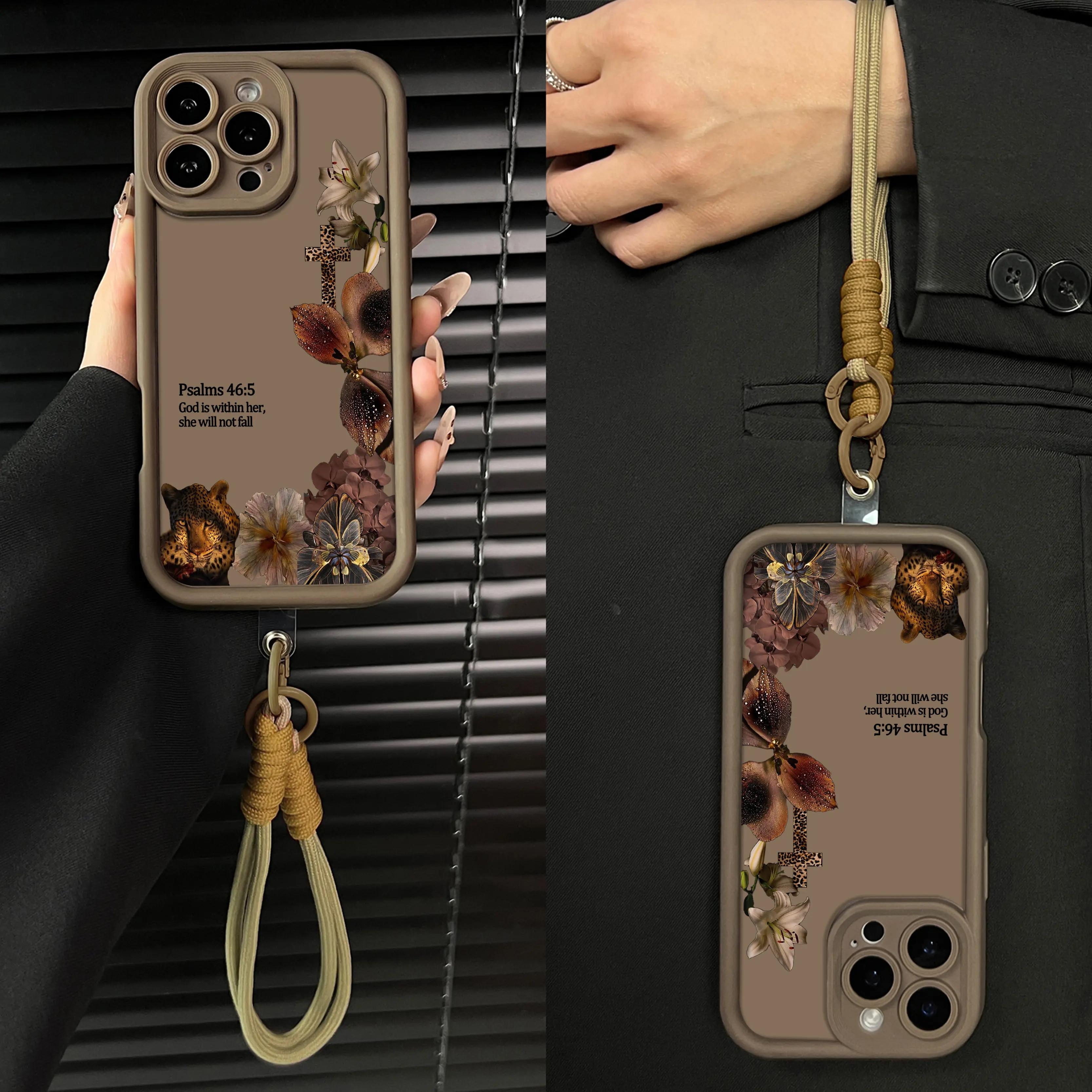 Aesthetic Leopard Print Bible Verse Phone Case for iPhone 17 Pro Max Air 16 15 Plus 14 13 12 11 with Wrist Strap Lanyard Psalms 46 5 Christian Religious Faith Gift Shockproof Protective Case