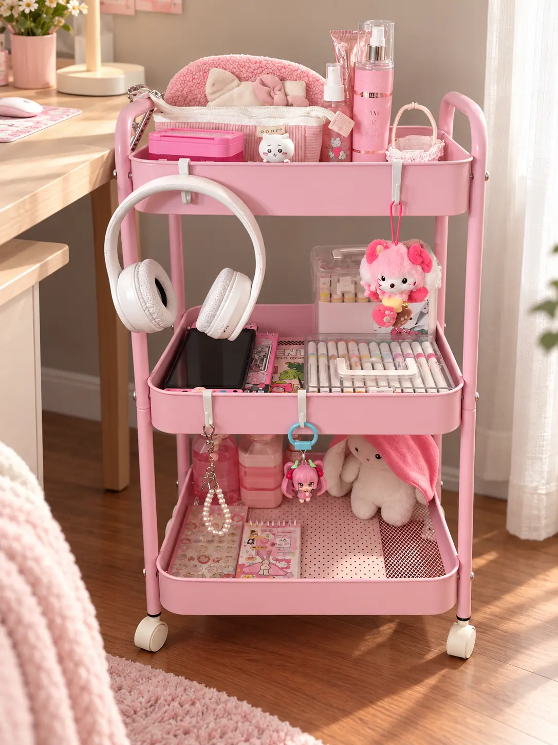 3-Tier Adjustable Movable Storage Organiser with Wheels, Hanging Hook Compatible Rolling Cart for Bedroom, Living Room, Kitchen