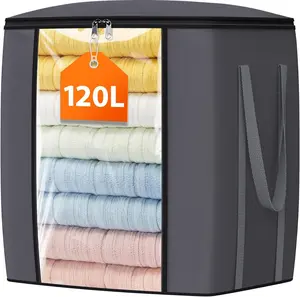 TasticTotes 120L Extra Large Clothes Storage Bag with PVC Window Reinforced Handles & Smooth Zippers for Comforters Bedding Gray 1 Pack Organiser Smooth