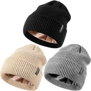 3 Pack Satin Lined Beanie for Women,Men, Silk Lined Winter Hats for Cold Weather, Warm Cable Knit Skull Cap Cuffed Beanies