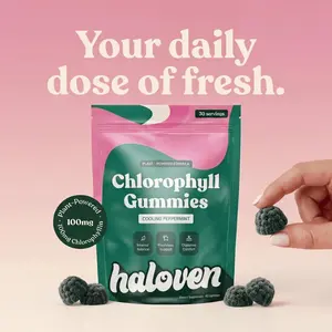 Haloven Chlorophyll Gummies - Cooling Peppermint, 100MG Chlorophyllin, Vegan, Non-GMO, No Artificial Dyes. Freshness From The Inside Out. 60 Gummies Edible Dietary Supplements Health Supplement Natural Leaf