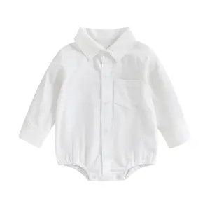 Baby Boy Button Down Shirt Romper White Lapel Bubble Romper Bodysuit Solid Color Basic Tops Outfit Clothes