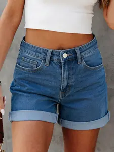 Summer New Washed Blue High-Waisted Mid-Rise Rolled Hem Jeans Shorts, Slim-Fitting Plain Pattern, Trendy Casual Wear for Women