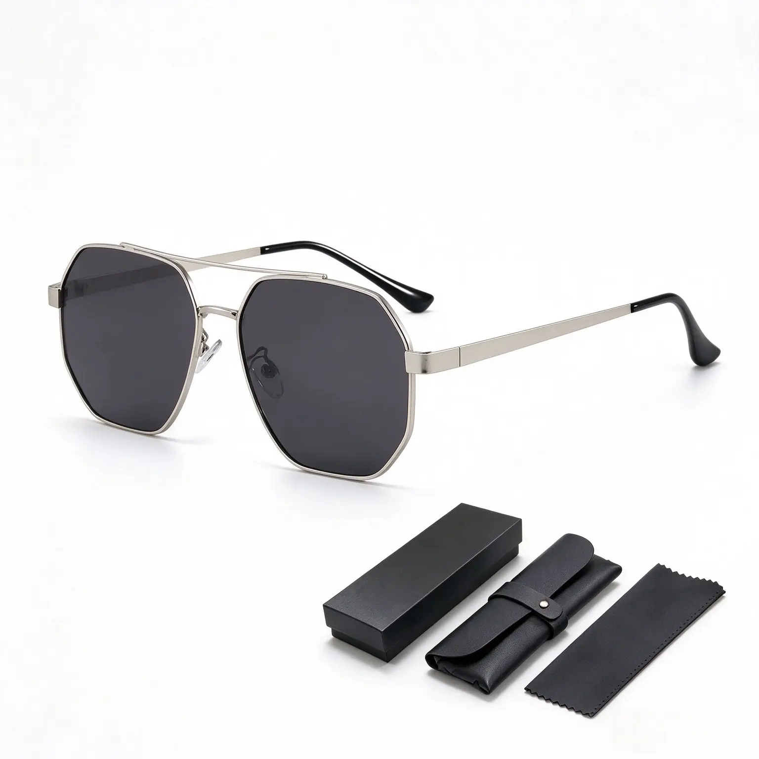 Unisex Modern Hexagonal Sunglasses, Silver Frame, Dark Lenses