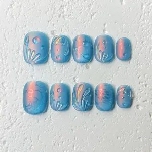 [Ocean Whisper] Short Square Handmade Press on Nails, Fake Nails with Nail tool kit with Jelly Stickers, Reusable, Durable
