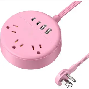 X-PSP02  Pink Power Strip, 5ft Extension Cord, 3 AC Outlets & 2 USB C & 2 USB A, Flat Extension Cord, Wall Mount, Flat Plug Power Strip for Home, Dorm, Vanity Desk, Nightstand, Women Travel Essential
