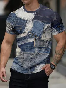 Vintage Denim Look Short Sleeve T-Shirt, Frayed Print Design, Fitted Casual Style, Perfect for Urban Wear, Men's Fashion Tee