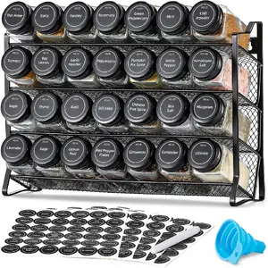 Spice Rack Organizer for Cabinet, Spice Organizer with 28 Empty Spice Jars with Black Lids, Funnel, Spice Labels, Seasoning Organizer for Countertop, Cabinet, Kitchen, Pantry, Cupboard
