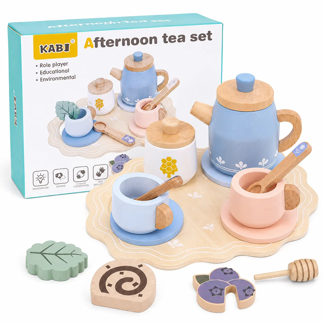 Wooden Blue Tea Set Toys - Kids Pretend Play - Tea Party Set with Tea Cup Set and Play Kitchen Accessories - Montessori Toys - Cooking Set - Gift Set for Girls Boys