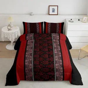 Adult Classic Jacquard Bedding Set, Damask Pattern Comforter Set, Black Red Stripe Duvet Set, Baroque Quilt Set