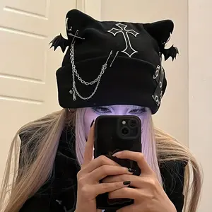 Women’s Black Gothic Streetwear Beanie – Cat Ears + Punk Chain/Bat Charm, Y2K Grunge Adjustable CapGift