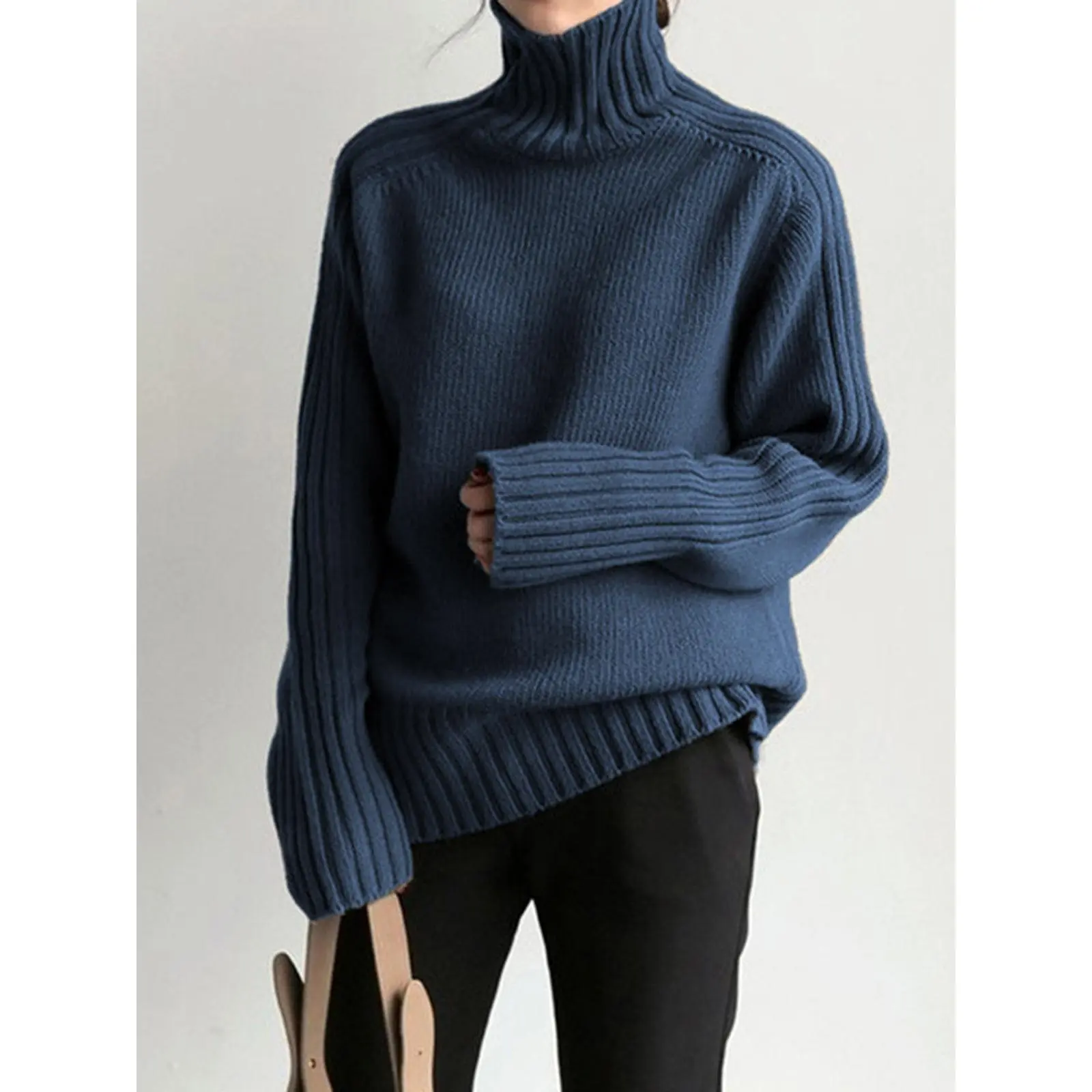 COMMENSE Lady's Minimalist Turtleneck Long-Sleeve Loose Plain Knitwear Pullover - Basic Casual Daily Women's Tops