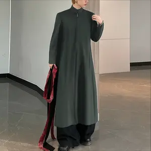 INCERUN Men's Modern Stand-Collar Solid-Color Long Coat - All-Seasons Outerwear for Fashion Business, Urban Streetwear