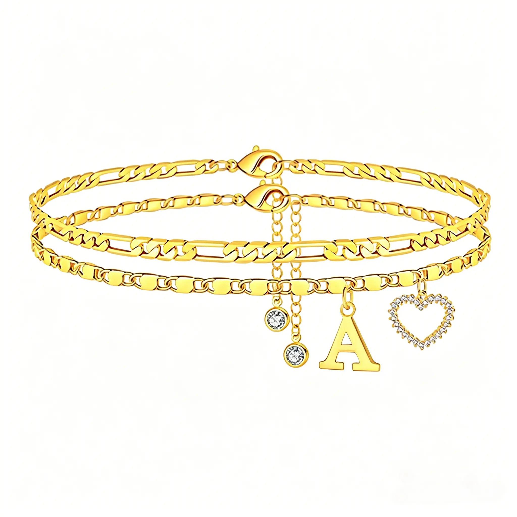 Gold Plated Anklet for Women, Personalized Stacked Chain with Initial & Rhinestones, Waterproof Jewelry, Birthday Anniversary Gift, Anklets, Pool Parties, Anti-Tarnish, Copper Base, Figaro Links, Stacked Layers, Comfortable Fit, Crystal, Daily