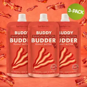 3pk Bangin Bacon Buddy Budder - Dog Peanut Butter Squeeze Pouch (4oz each), All Natural, Perfect for Dog Enrichment, Training, Treating, Travel