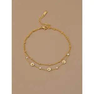 1PC Stainless Steel Daisy Anklet, Women Delicate Adjustable Chain with Beaded Accents, Thoughtful Gift for Valentine's Day, Mother's Day