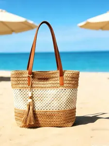 Two-Tone Straw Beach Tote Bag, Hollow Crochet Woven Shoulder Bag with Leather Handles & Tassel, Large Capacity Summer Vacation Bag for Women, Ideal for Beach, Travel & Daily Use