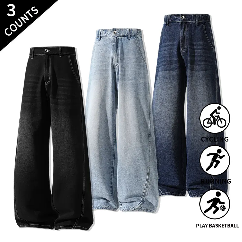 3-Pack Men’s Retro Washed Baggy Wide-Leg Denim Jeans – Loose Fit, Casual Streetwear Pants for Running, Cycling, Basketball, Everyday Fashion; Multiple Colors Available