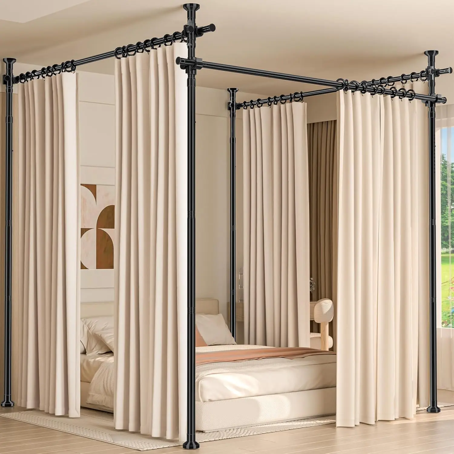 Room Divider for Room Separation,4-10ft(H) 28-209inch(W) Adjustable Temporary Privacy Wall Divider, Tension Curtain Rods No Drilling, Heavy Duty Partition Space Separator Freestanding,Black